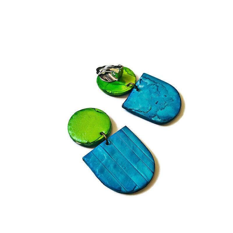 Colorful Spring Clip On Earrings in Neon Green Blue- "Emily"