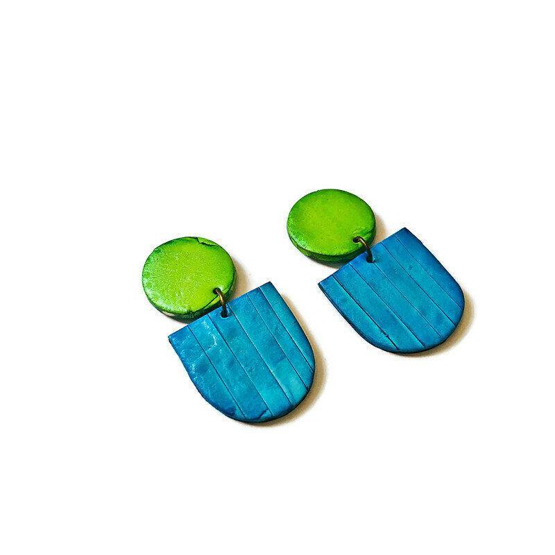 Colorful Spring Clip On Earrings in Neon Green Blue- "Emily"