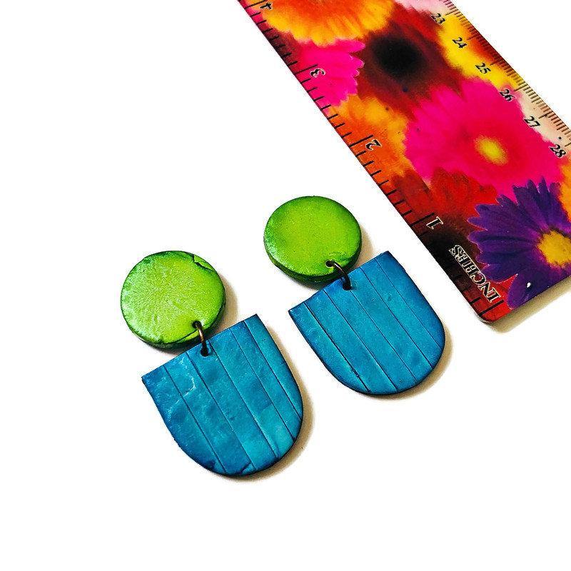 Colorful Spring Clip On Earrings in Neon Green Blue- "Emily"