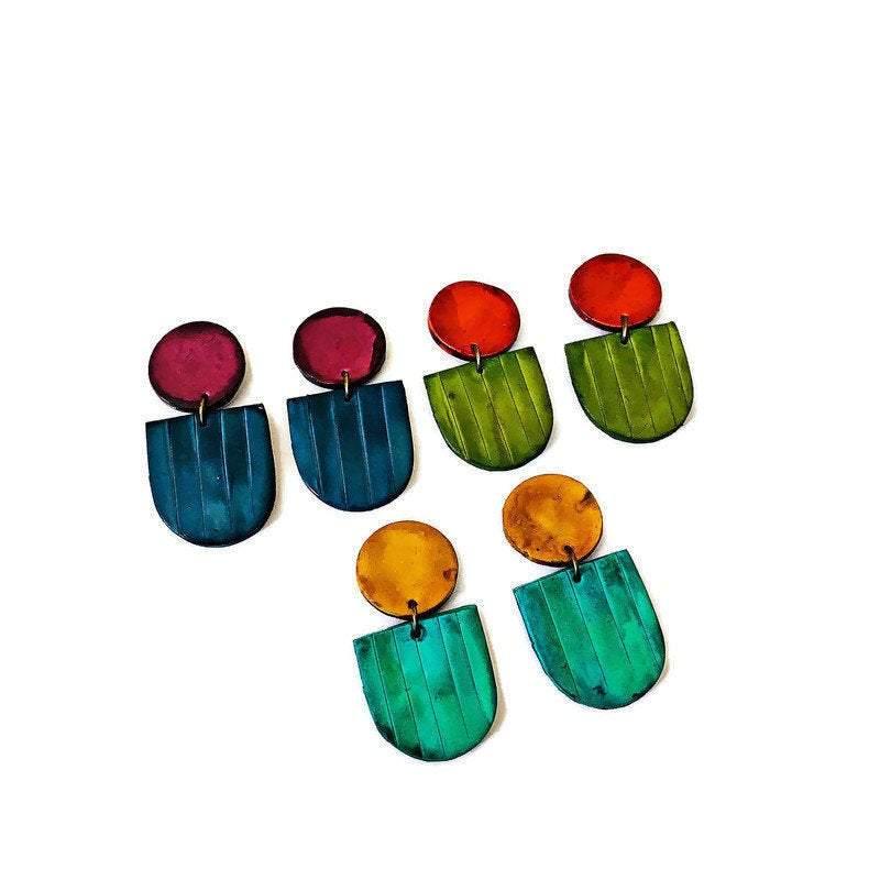 Colorful Spring Clip On Earrings in Neon Green Blue- "Emily"